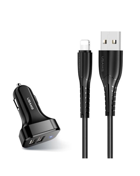 USAMS C13 Lightning + Dual USB Car Charger Set 2.1A /black